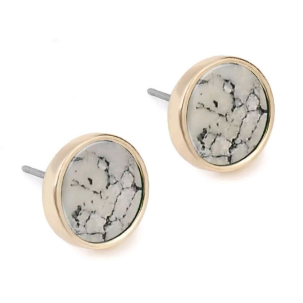 White Marble Round Stud Earrings Gold Tone
